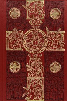 a red and gold book with an image of jesus on the cross, surrounded by other symbols