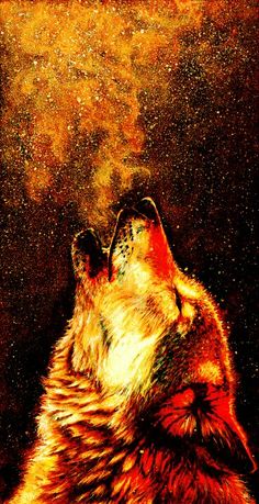 a painting of a wolf looking up into the sky