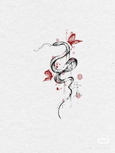 a drawing of a snake with red flowers on it's head and the tail curled up