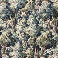 a blue and white wallpaper with many trees on it's sides, all in different colors