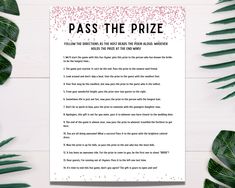 a printable pass the prize game with pink confetti on it, surrounded by green leaves