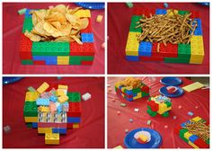 several pictures of different types of food made out of legos