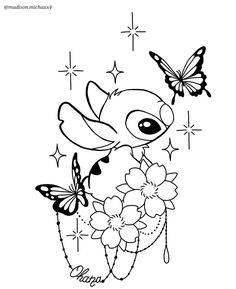an image of a cartoon character with flowers and butterflies on it's head, in black and white