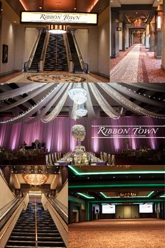 the lobby and staircases at ribbons town hotel in las vegas, nv are lit up with purple lights