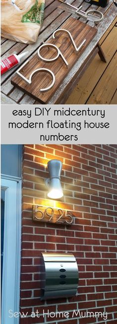 two pictures with the words easy diy mid century modern floating house numbers on them