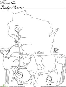 some animals are standing in front of a map with the name of each state on it