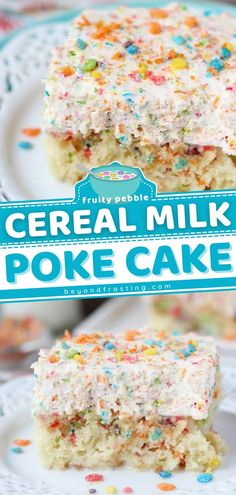 Fruity Pebble Cereal Milk Poke Cake, poke cake recipes, desserts, sweet treats Pastel, Fluffy Vanilla Cake, Whipped Cream Topping, Fruity Pebble, Fruity Pebbles Cereal, Cereal Dessert, Cereal Milk, Poke Cake Recipes, Fruity Pebbles