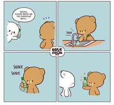 a comic strip with a bear drinking from a bottle