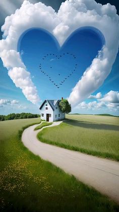 a house in the shape of a heart on top of a field with birds flying over it
