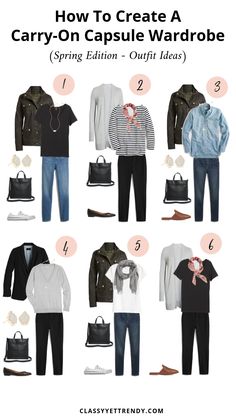 How To Create A Carry-On Capsule Wardrobe (Spring Edition)   Outfits - Classy Yet Trendy - Find out how to create a Spring travel capsule wardrobe, what to pack in your carry-on suitcase, what outfit to wear on the plane and the secret to getting the most outfit possibilities from just a few clothes and shoes in your capsule!  6 outfit ideas and a travel packing checklist is included! Carry On Capsule Wardrobe Summer, Spring Travel Capsule Wardrobe, Spring Travel Capsule, Capsule Wardrobe Spring, Chique Outfit, Classy Yet Trendy, Spring Travel, Travel Capsule Wardrobe, Travel Capsule