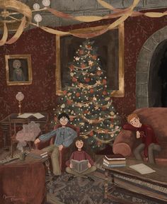 a painting of two people sitting in front of a christmas tree with an open book