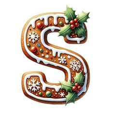 the letter s is decorated with icing and christmas decorations, including holly - leaves