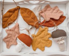 an assortment of autumn leaves in a white box with twine and twine string