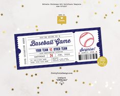 a baseball game ticket sitting on top of a white table with gold stars around it