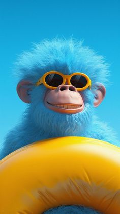 a blue monkey wearing sunglasses and holding a yellow frisbee in front of a blue sky