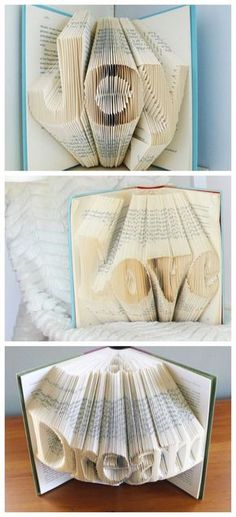 three different pictures of folded books with pages in the shape of an origami flower