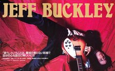 a man laying on top of a red sheet with a guitar in his hand and the words jeff buckley above him