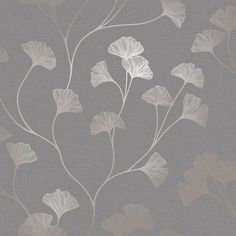 a gray and white wallpaper with flowers on it