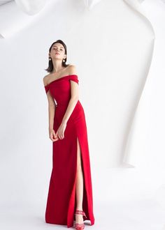 Elegant simple off shoulder red party bridesmaid bride toast dress - Sugat Wine Red Dress, Dress Kebaya, Red Bridesmaid, Red Bridesmaids, Drape Gowns, Red Bridesmaid Dresses, Red Party, Engagement Dresses, Good Girl