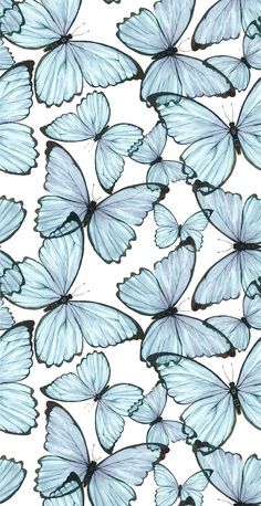 blue butterflies flying in the air on a white background with brown spots and lines that appear to be drawn by hand