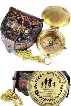 three different types of pocket watches with chains on the bottom and one has a chain attached to it