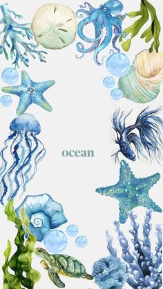 an ocean scene with sea animals and starfish in watercolor on white paper background