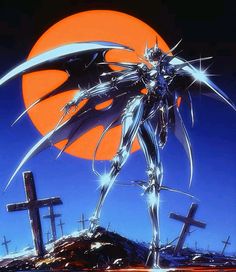 an animated image of a demon standing in front of a cross