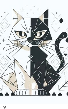 a black and white cat sitting on top of a piece of paper with geometric designs