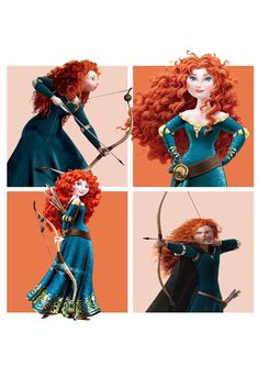 four different pictures of the same character from disney's animated film brave, with red hair