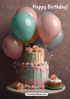 a birthday cake with pink, blue and green balloons