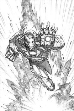 an ink drawing of iron man flying through the air with his hands in the air