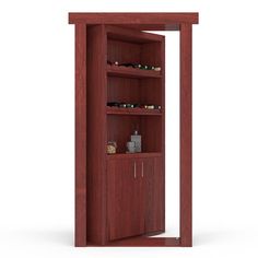 an open bookcase with shelves and bottles in it on a white background 3d rendering