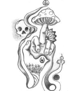 a black and white drawing of a hand holding a mushroom with two skulls on it