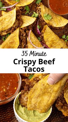the recipe for crispy beef tacos is shown
