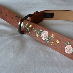 Brown Faux Leather Belt With Pink Embroidered Roses. Circumference Is 33" - 38". Brand New, Never Worn. Women Accessories, Flower Belt, Embroidered Roses, Faux Leather Belts, Embroidered Flowers, Leather Belt, Color Brown, Belts, Faux Leather