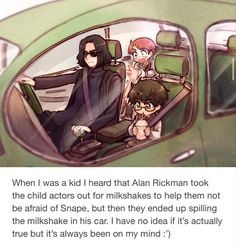 two people sitting in a car with the caption'when i was a kid i heard that person took the child actors out for milkshakes to help them not be afraid