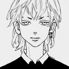 an anime boy with blonde hair and big eyes wearing a black shirt, earrings