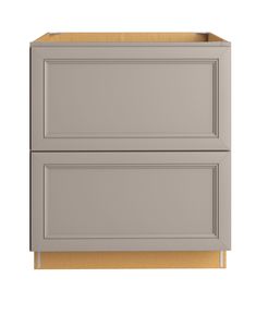 a gray cabinet with two drawers on the bottom and one drawer in the middle, against a white background