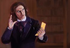 a painting of a man in a suit and tie holding a piece of yellow paper