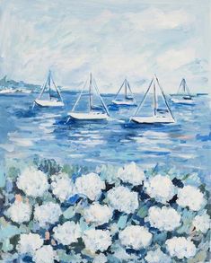 a painting of sailboats in the ocean with white flowers