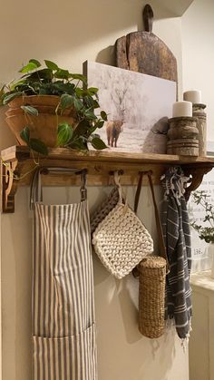 a shelf with towels, plants and other items on it next to a potted plant