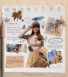 a collage of photos and text with a woman wearing a hat, holding a handbag