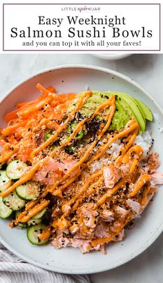 salmon sushi bowls with carrots and cucumbers