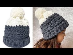two pictures of a child's hat with pom - poms