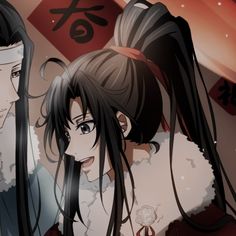 two anime characters with long black hair standing next to each other in front of a red and white background