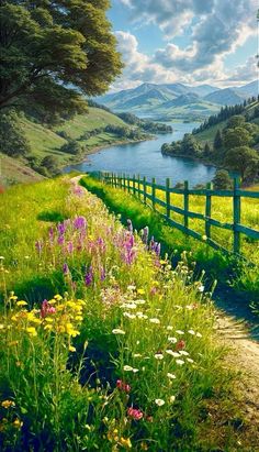 a painting of a country road with flowers on the side and mountains in the background