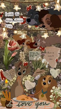 lady and the tramp collage with love you written on it, surrounded by flowers