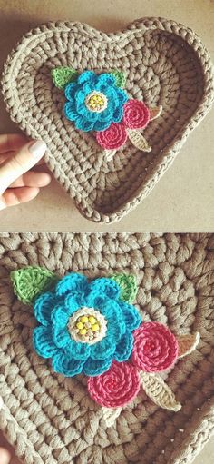 crocheted heart with flowers and leaves on the side, in two different colors