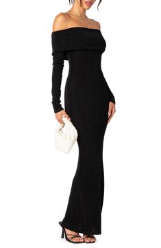 Give your curves a hug in this long-sleeve maxi dress boasting an off-the-shoulder neck and cozy long sleeves. Off-the-shoulder neck Long sleeves 95% polyester, 5% spandex Machine wash, dry flat Imported Off The Shoulder Dress Formal, Stain Dress, Long Black Dress Formal, Black Wedding Guest Dresses, Black Off Shoulder Dress, Long Dress Outfits, Off Shoulder Long Dress, Black Dresses Classy, Classy Prom Dresses