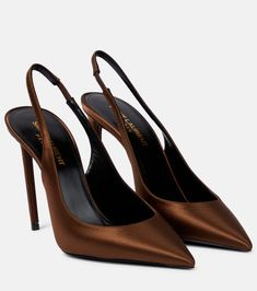 Zoe 105 Silk Slingback Pumps in Brown - Saint Laurent | Mytheresa V Neck Gown, Ysl Shoes, Parisian Aesthetic, Dr Shoes, Ysl Heels, Aesthetic Shop, Heels Outfits, Fancy Shoes, Shoe Inspiration